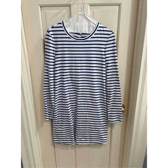 A.L.C. White Blue Striped Knit Long Sleeve Knotted Open Back T-Shirt Dress - Picture 1 of 5